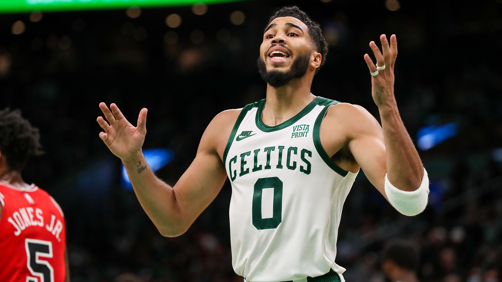 Boston Celtics forward Jayson Tatum (0) reacts during the second half against the Chicago Bulls at TD Garden.