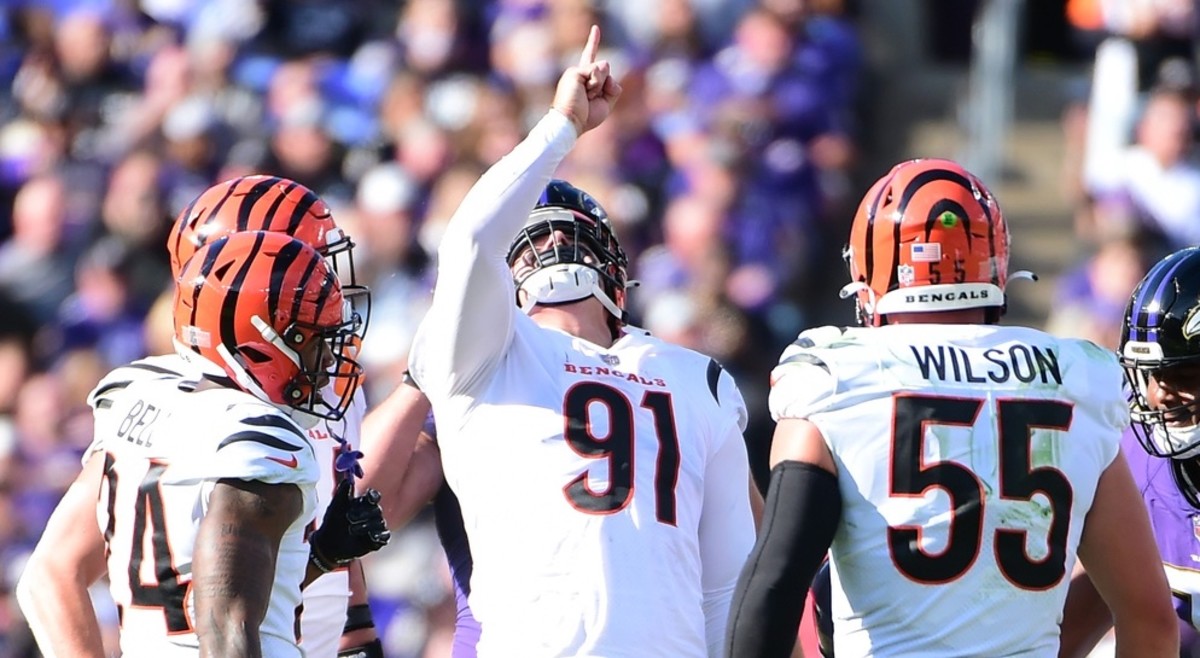 Oct 24, 2021; Baltimore, Maryland, USA; Cincinnati Bengals defensive end Trey Hendrickson (91) reacts after a sack in the third quarter against the Baltimore Ravens at M&T Bank Stadium. Mandatory Credit: Evan Habeeb-USA TODAY Sports