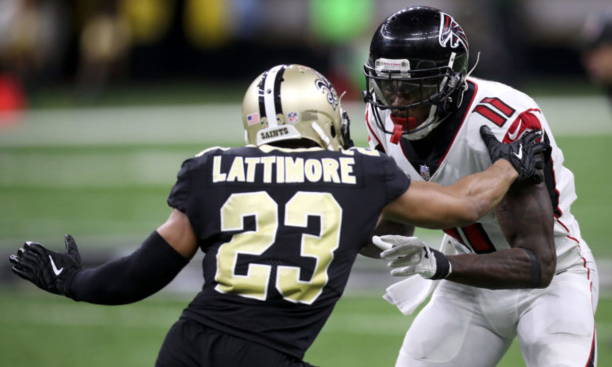 New Orleans Saints cornerback Marshon Lattimore (23) covers former Falcons receiver Julio Jones (11). Credit: thespun.com
