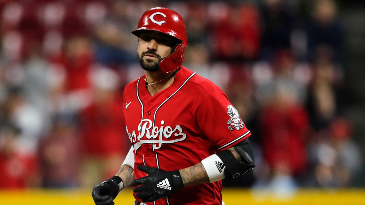 Sep 24, 2021; Cincinnati, Ohio, USA; Cincinnati Reds right fielder Nick Castellanos (2) runs the bases after hitting a solo home run against the Washington Nationals during the sixth inning at Great American Ball Park. Mandatory Credit: David Kohl-USA TODAY Sports