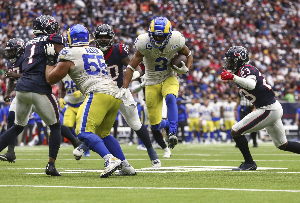 Oct 31, 2021; Houston, Texas, USA; Los Angeles Rams wide receiver Robert Woods (2) runs with the ball for a touchdown during the third quarter against the Houston Texans at NRG Stadium