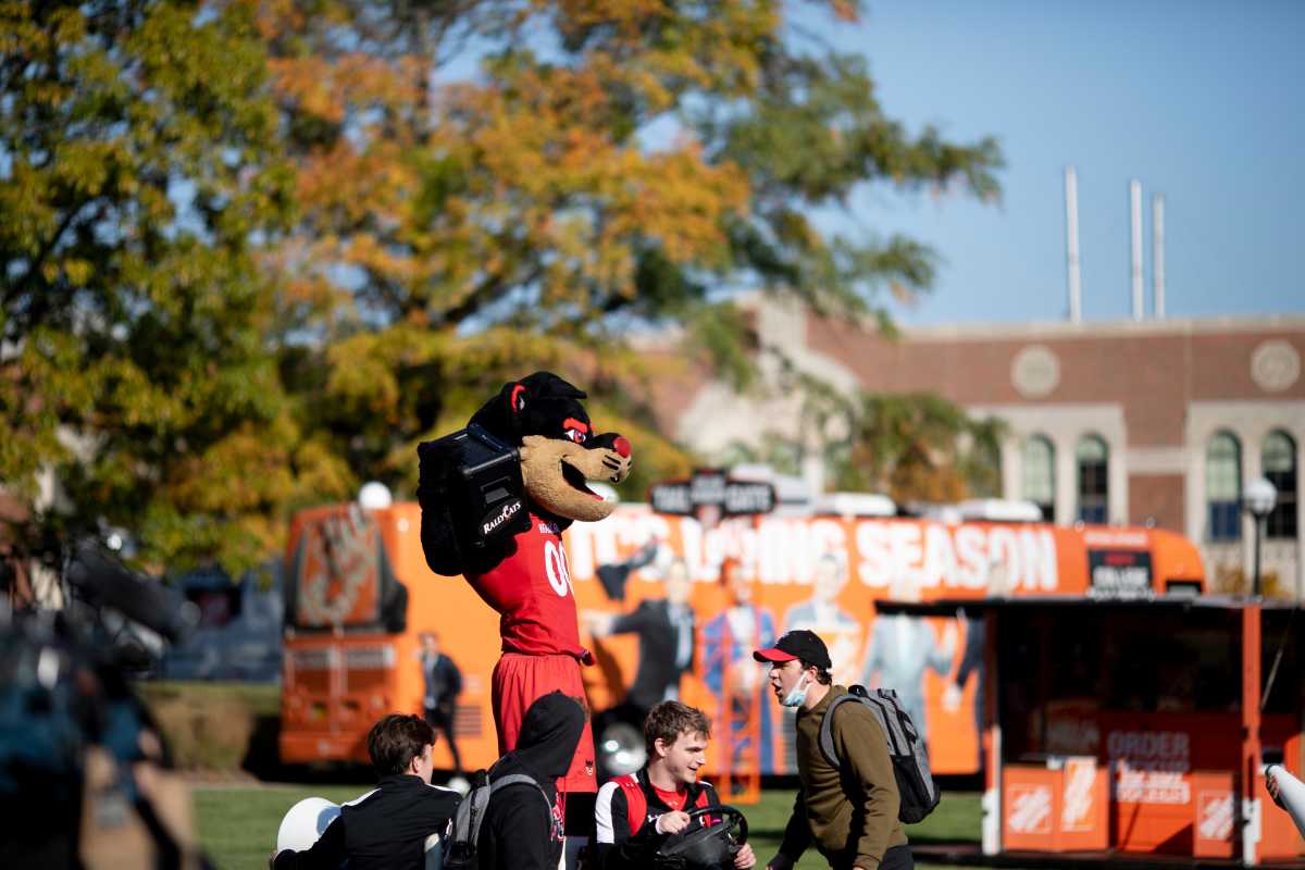 The Cincinnati Bearcats mascot plays music while riding through the McMicken Commons at the University of Cincinnati on Friday, Nov. 5, 2021, in Cincinnati. ESPN's College GameDay show will be held in the McMicken Commons on Saturday for the NCAA football game between Cincinnati and Tulsa. College Gameday Setup 17