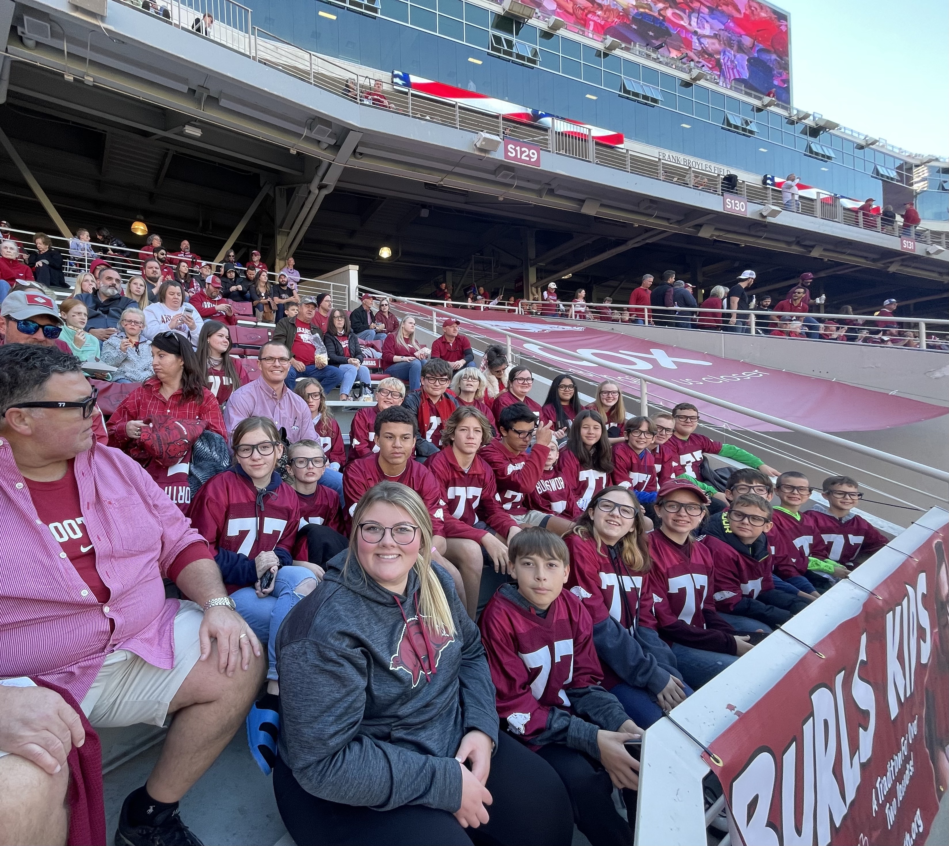 The Burls Kids represented by Baxter Regional Medical Center in attendance for the Razorback victory over Mississippi State. 