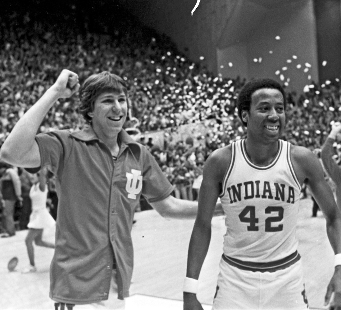 Steve Risley and Mike Woodson (42) celebrate after beating Ohio State on the final day of the 1980 regular season to win the Big Ten title. (IU Archive)