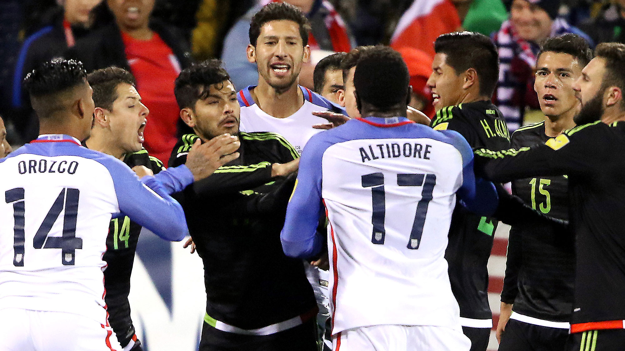 The USA and Mexico fight during a World Cup qualifier