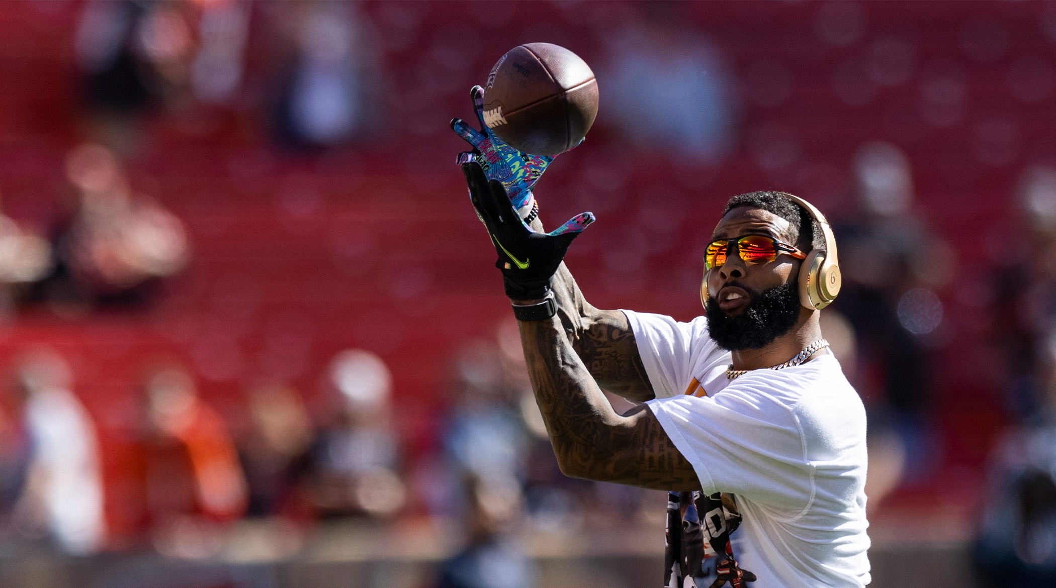 Sep 26, 2021; Cleveland, Ohio, USA; Cleveland Browns wide receiver Odell Beckham Jr. (13) catches the ball during warmups before the game against the Chicago Bears at FirstEnergy Stadium.