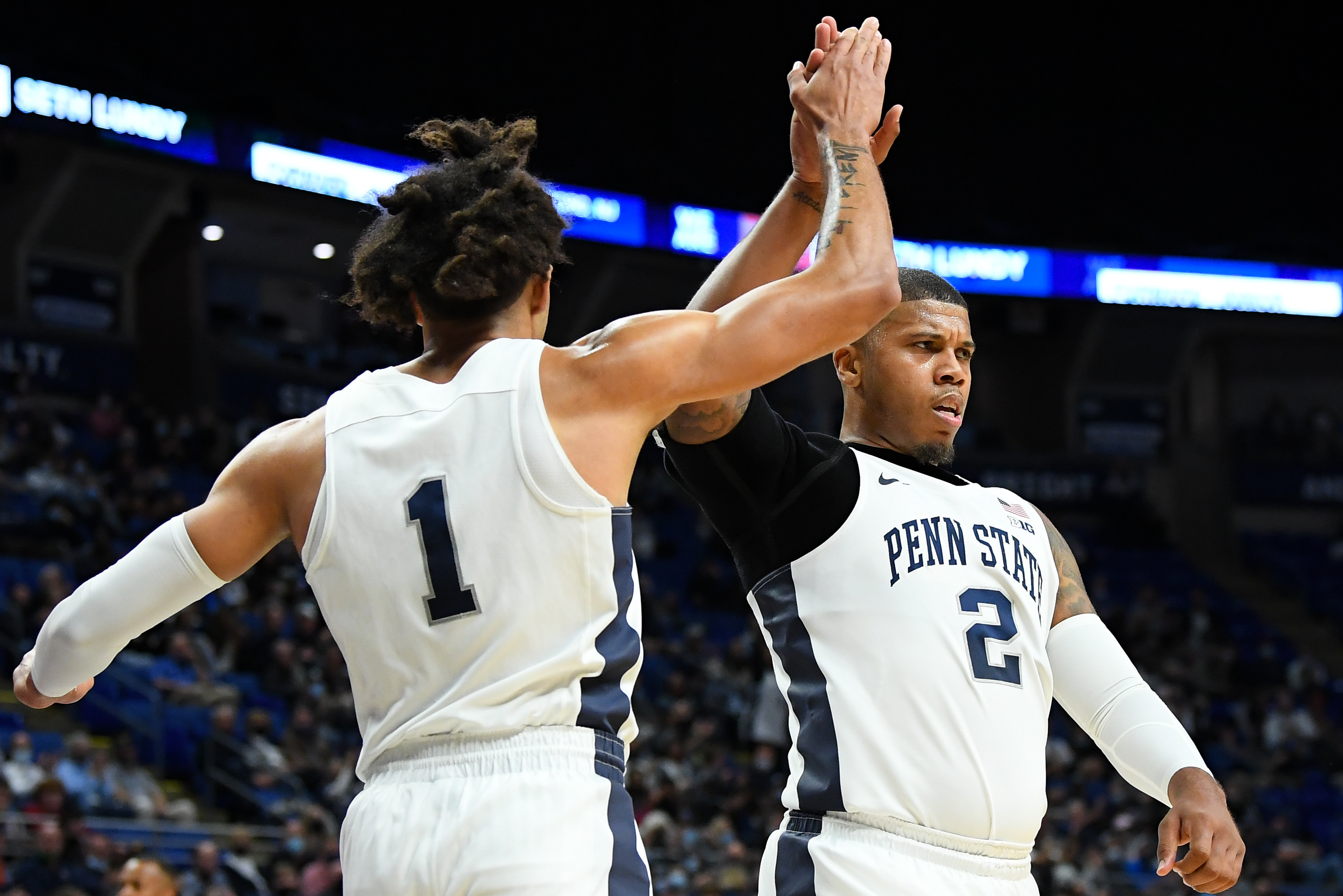 Penn State's Myles Dread (2) and Seth Lundy celebrate during the team's 75-59 victory over Youngstown State at the Bryce Jordan Center. (Rich Barnes/USA Today Sports)