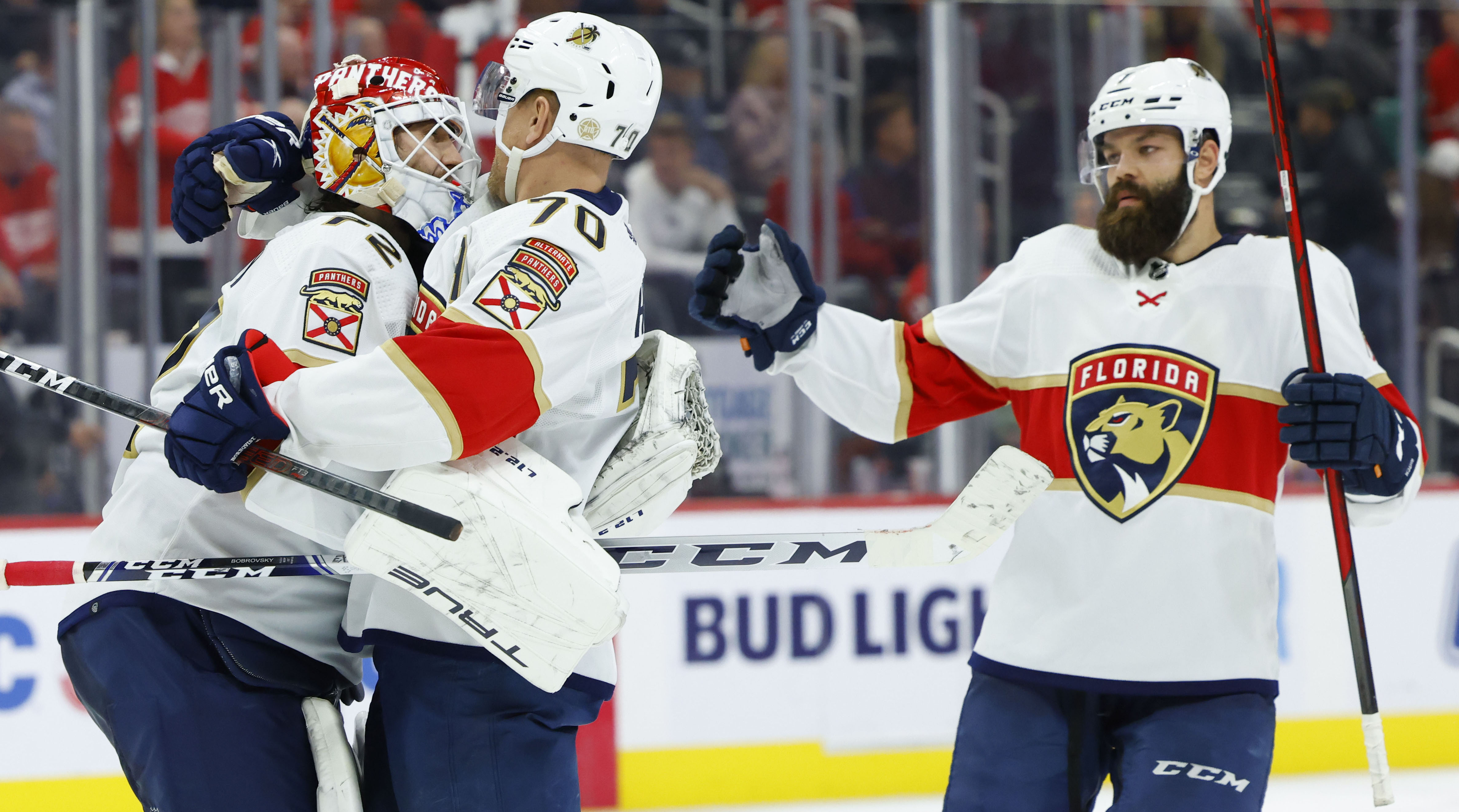 Panthers goalie Sergei Bobrovsky celebrates with teammates.