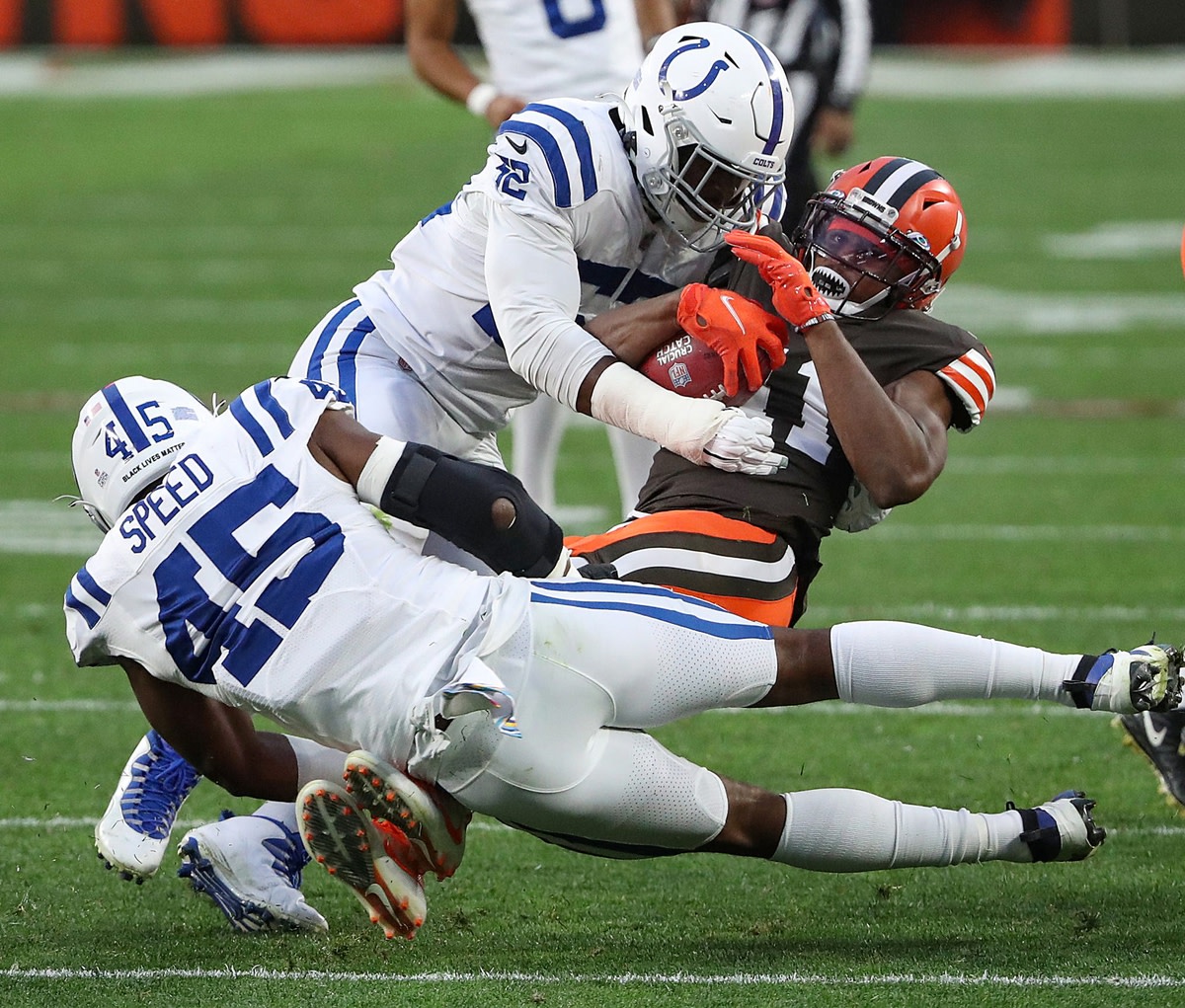 Indianapolis Colts defensive end Ben Banogu (52) tackles Cleveland Browns wide receiver Donovan Peoples-Jones (11) during the third quarter of the NFL week 5 game at First Energy Stadium in Cleveland, Ohio, on Sunday, Oct. 11, 2020. The Browns won, 32-23.

Indianapolis Colts At Browns At First Energy Stadium In Nfl Week 5 Cleveand Ohio Sunday Oct 11 2020
