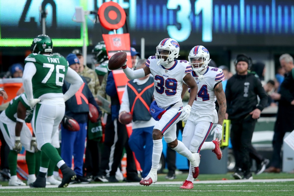 Bills cornerback Levi Wallace (39) celebrates after an interception against the New York Jets during the third quarter at MetLife Stadium.