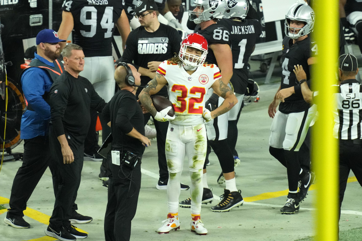 Nov 14, 2021; Paradise, Nevada, USA; Kansas City Chiefs free safety Tyrann Mathieu (32) reacts after forcing a fumble against Las Vegas Raiders wide receiver DeSean Jackson (1) for a turnover in the third quarter at Allegiant Stadium. Mandatory Credit: Kirby Lee-USA TODAY Sports
