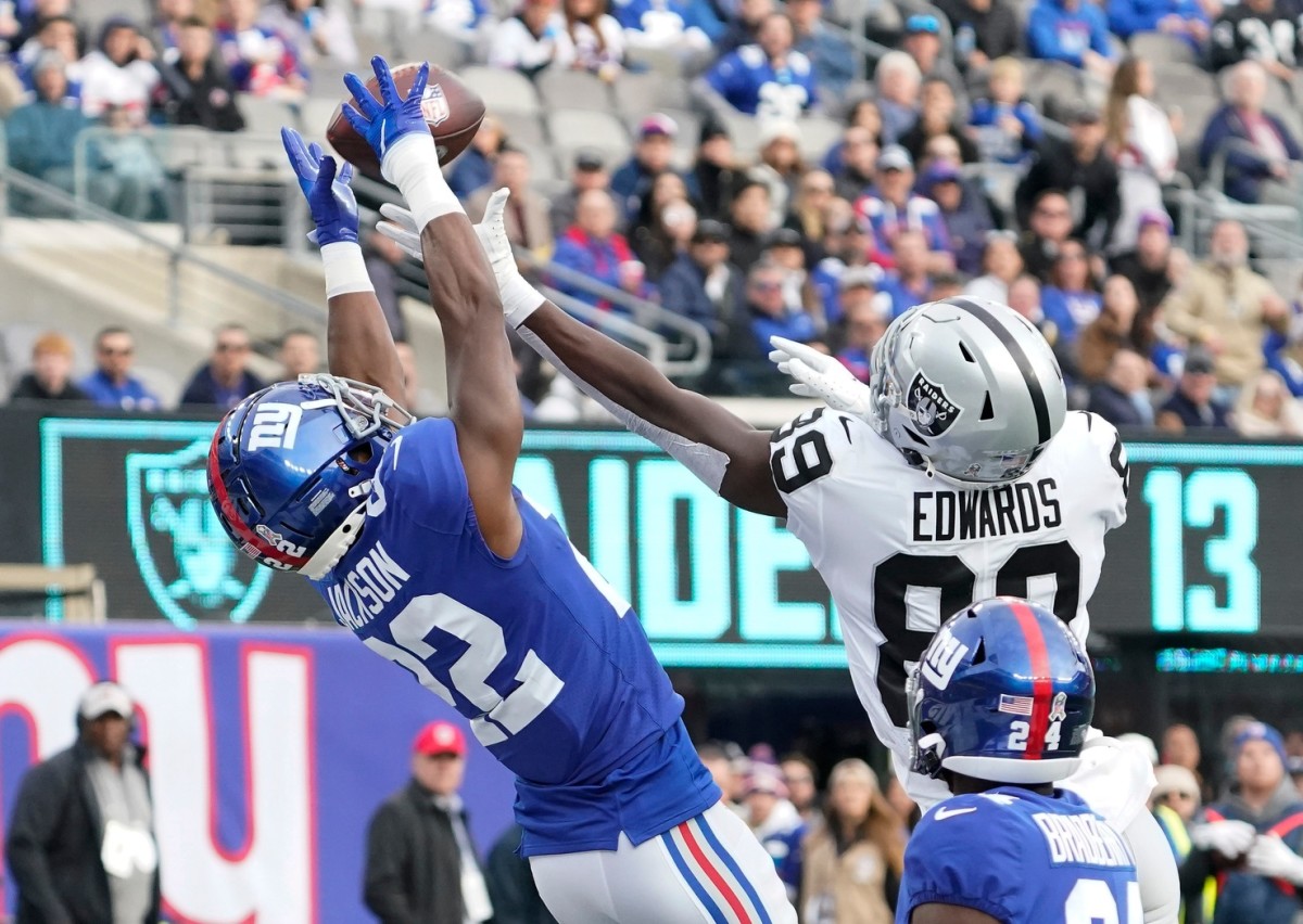 Nov 7, 2021; East Rutherford, N.J., USA; Las Vegas Raiders wide receiver Bryan Edwards (89) cannot catch a pass in the end zone as New York Giants cornerback Adoree' Jackson (22) defends at MetLife Stadium.