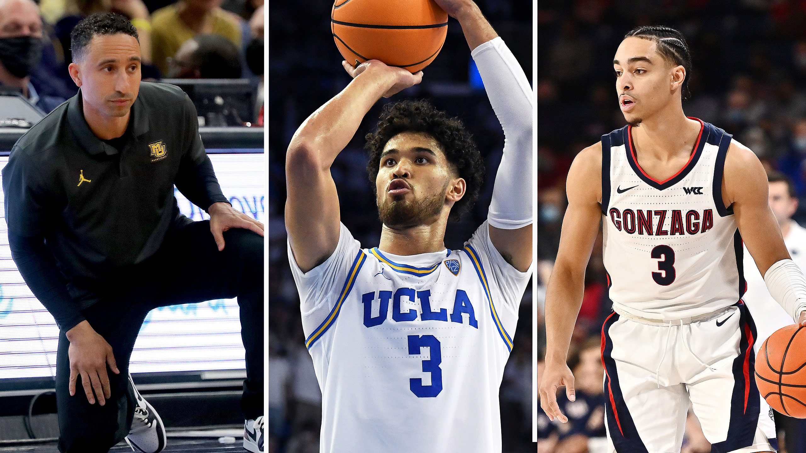 Marquette coach Shaka Smart, UCLA's Johnny Juzang and Gonzaga's Andrew Nembhard
