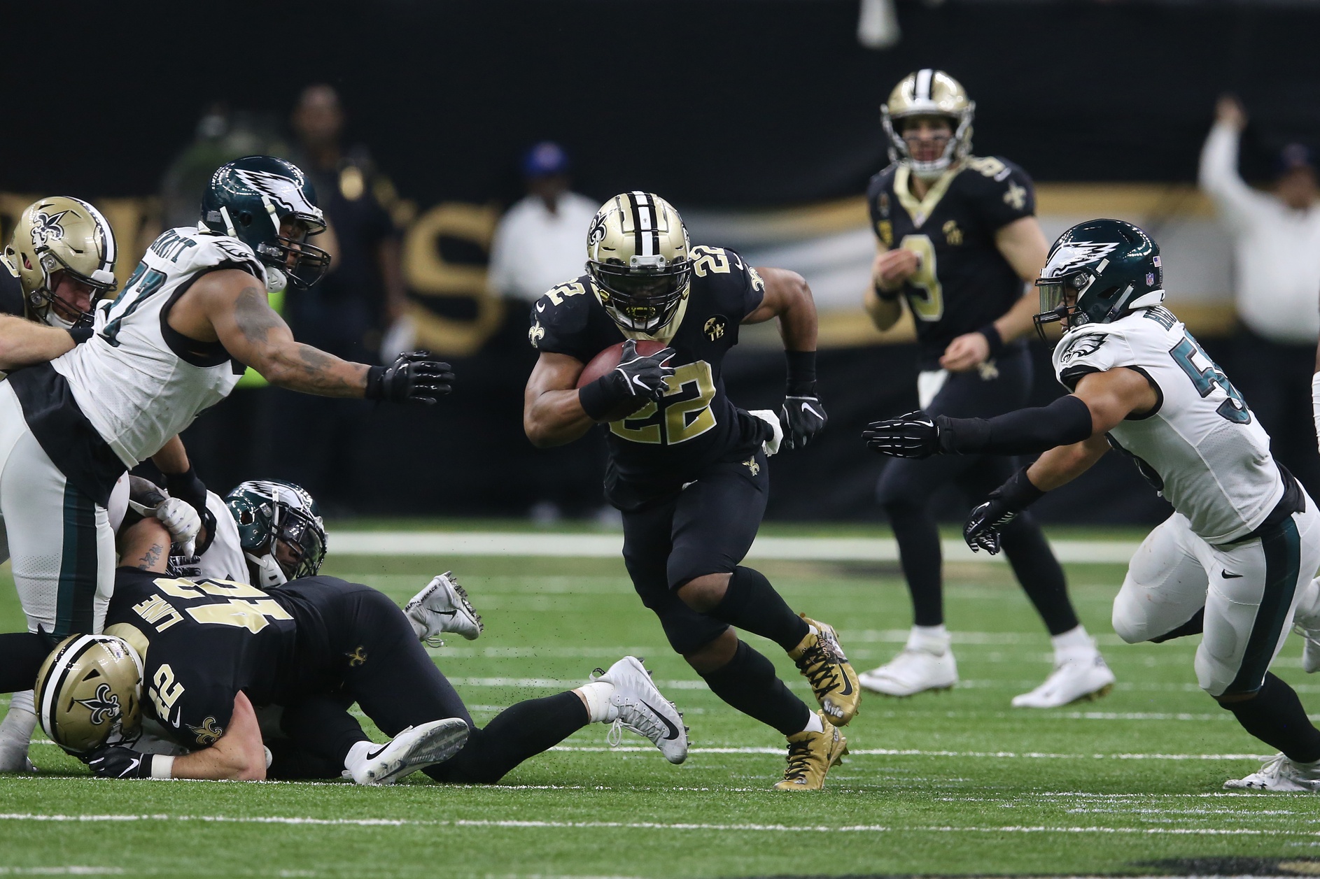 Jan 13, 2019; New Orleans Saints running back Mark Ingram (22) runs against the Philadelphia Eagles during a NFC Divisional playoff. Mandatory Credit: Chuck Cook-USA TODAY