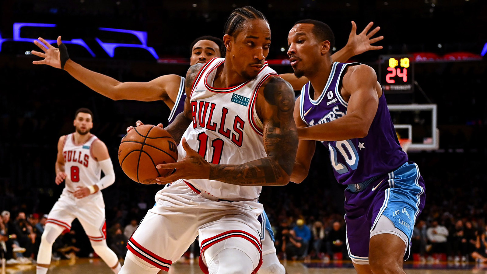 DeMar DeRozan faces off against the Lakers