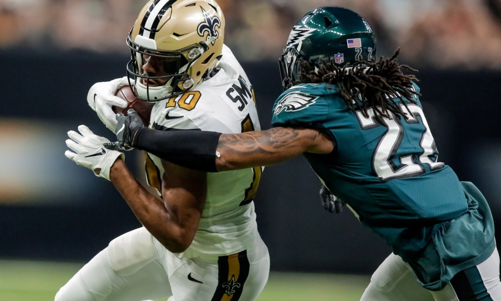 Saints WR Tre'Quan Smith (10) beats Eagles CB Avonte Maddox (22) during a 2018 game in New Orleans. Credit: USA TODAY 