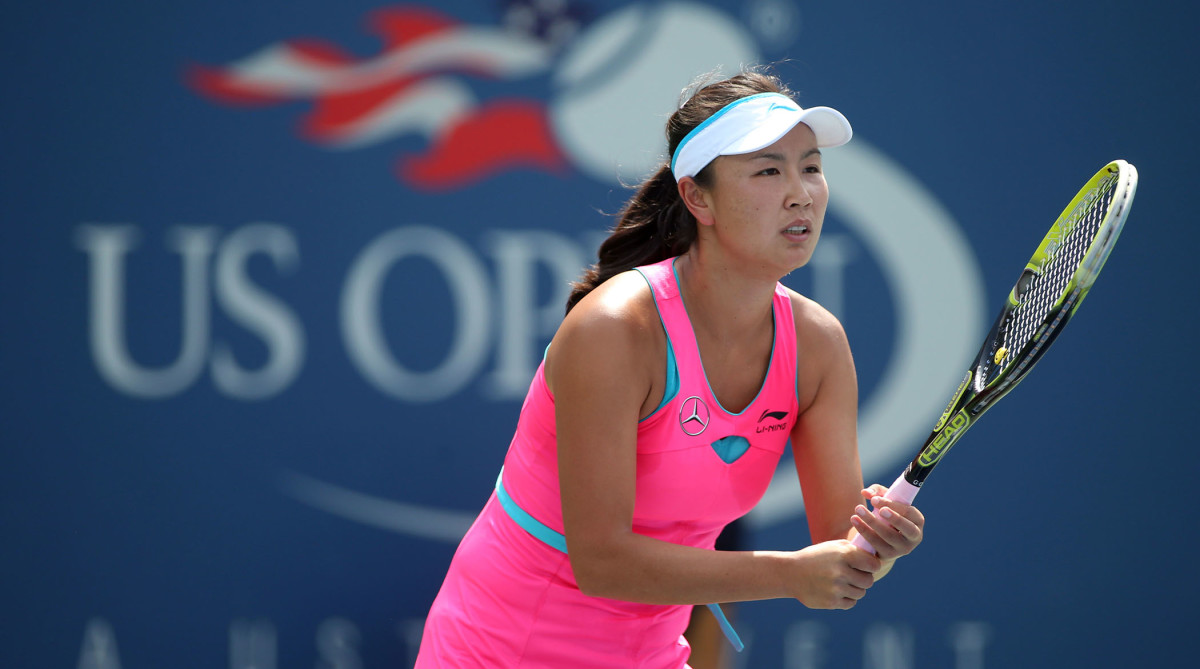 Sep 2, 2014; New York, NY, USA; Peng Shuai (CHN) waits for a serve during her match against Belinda Bencic (SUI) on day nine of the 2014 U.S. Open tennis tournament at USTA Billie Jean King National Tennis Center.