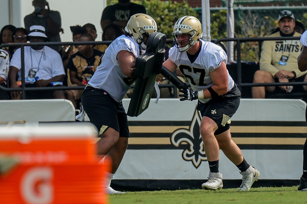 Jul 31, 2021; New Orleans Saints offensive tackle Landon Young (67) performs offensive line drills during a training camp session. Mandatory Credit: Stephen Lew-USA TODAY