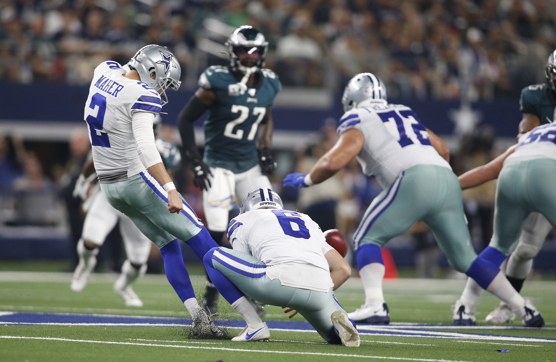 Oct , 2019; former Cowboys kicker Brett Maher (2) kicks a 63-yard field goal against the Philadelphia Eagles. Mandatory Credit: Tim Heitman-USA TODAY Sports