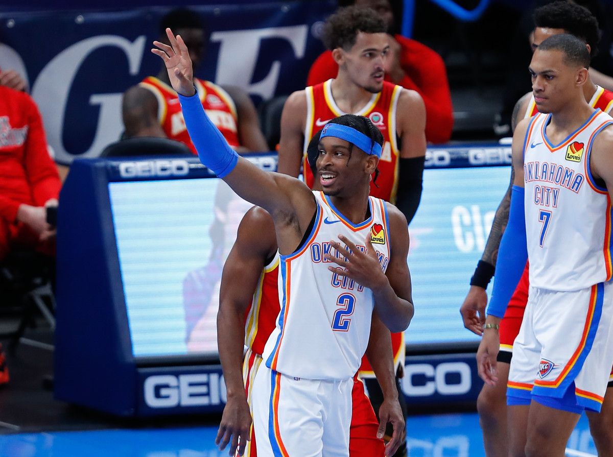 Oklahoma City Thunder guard Shai Gilgeous-Alexander (2) reacts after a play against the Atlanta Hawks during the second half at Chesapeake Energy Arena. Oklahoma City won 118-109.