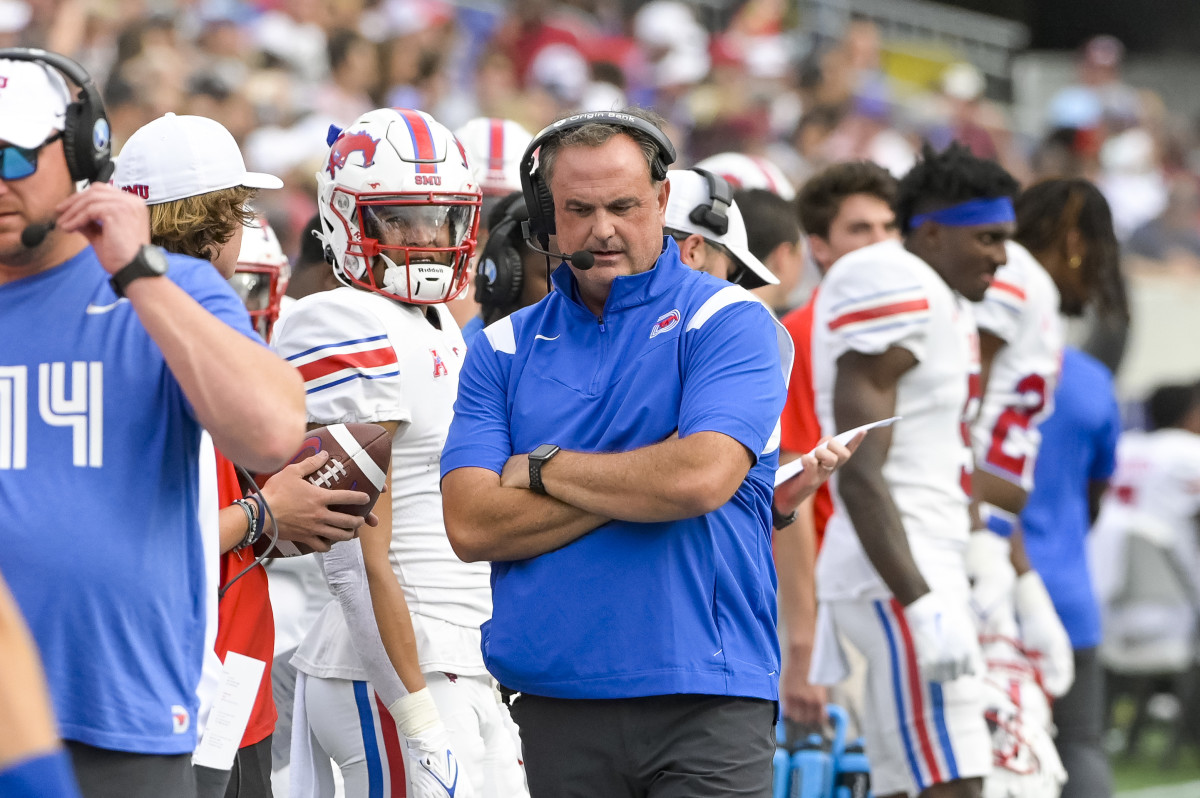Oct 9, 2021; Annapolis, Maryland, USA; Southern Methodist Mustangs head coach Sonny Dykes durnign the first half against the Navy Midshipmen at Navy-Marine Corps Memorial Stadium.