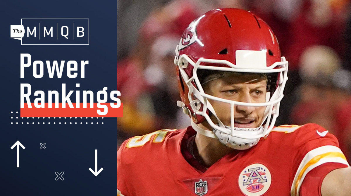 Kansas City Chiefs quarterback Patrick Mahomes (15) gestures on the line of scrimmage against the Dallas Cowboys during the second half at GEHA Field at Arrowhead Stadium.