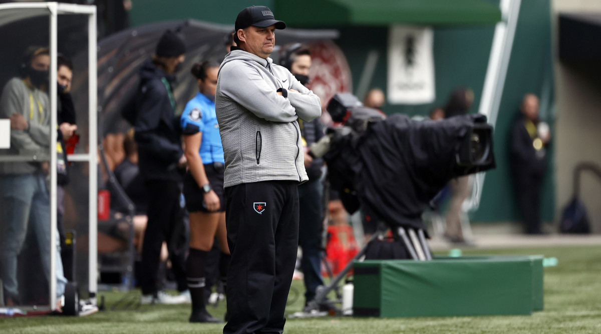 Nov 14, 2021; Portland, OR, USA; Chicago Red Stars head coach Rory Dames watches his team from the sideline against the Portland Thorns during the first half of the NWSL semi final at Providence Park.