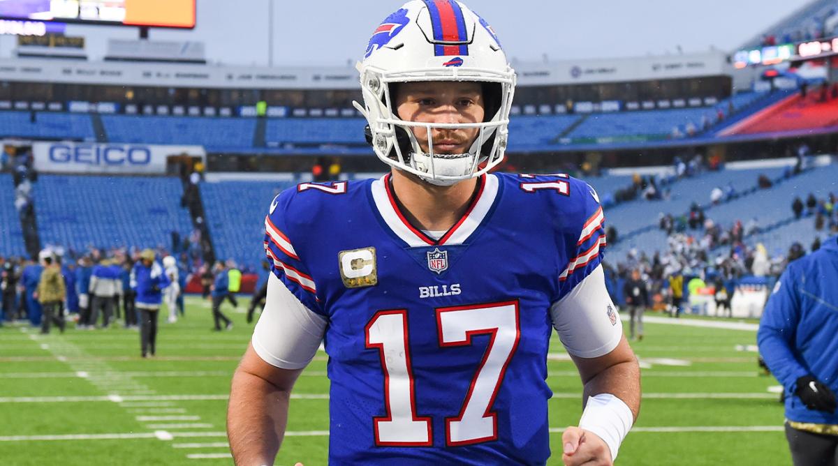 Nov 21, 2021; Orchard Park, New York, USA; Buffalo Bills quarterback Josh Allen (17) jogs off the field following the game against the Indianapolis Colts at Highmark Stadium.