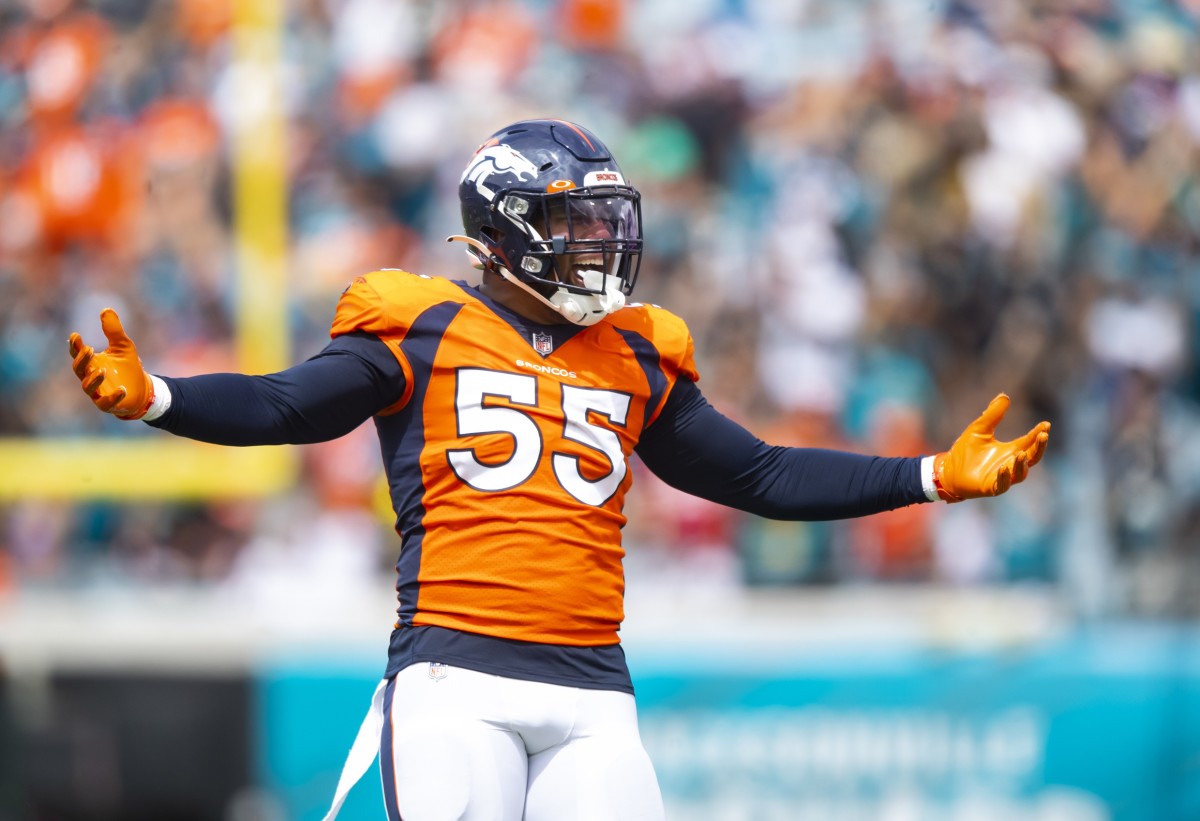 Denver Broncos linebacker Bradley Chubb (55) reacts against the Jacksonville Jaguars at TIAA Bank Field.