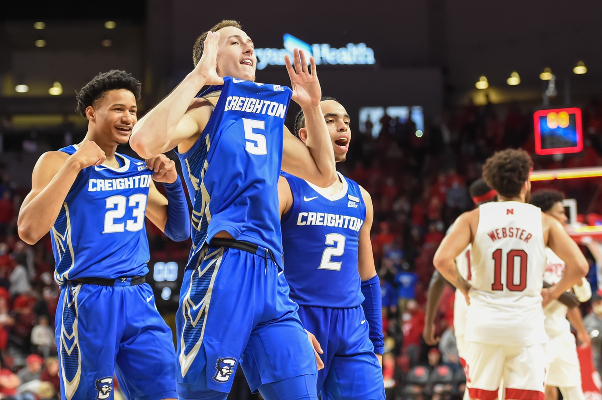 Nov 16, 2021; Lincoln, Nebraska, USA; Creighton Bluejays guard Alex O'Connell (5) and guard Trey Alexander (23) and guard Ryan Nembhard (2) react after the win against the Nebraska Cornhuskers at Pinnacle Bank Arena. Mandatory Credit: Steven Branscombe-USA TODAY Sports