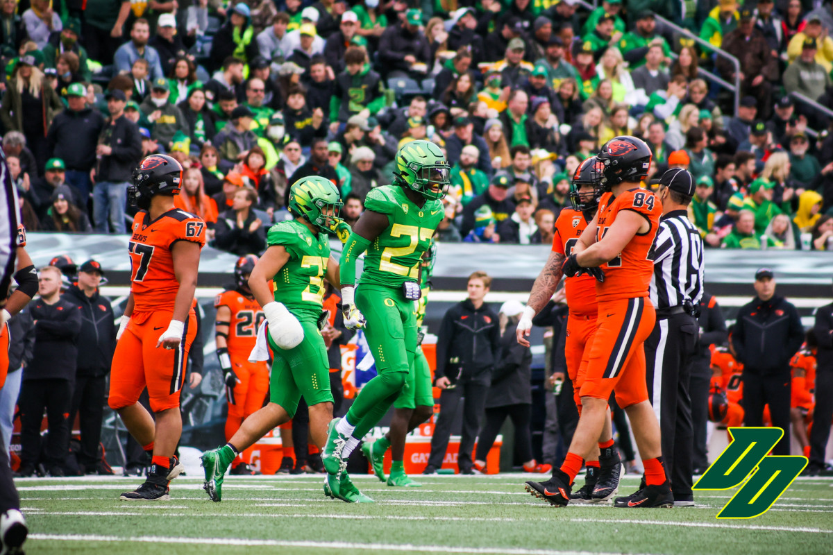 Verone McKinley III celebrates after a play against Oregon State.