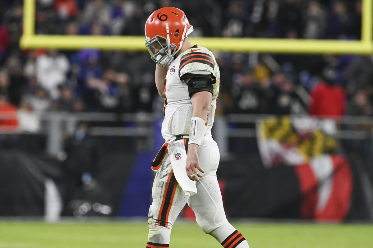 Cleveland Browns quarterback Baker Mayfield (6) walks off the field during the second half against the Baltimore Ravens at M&T Bank Stadium.
