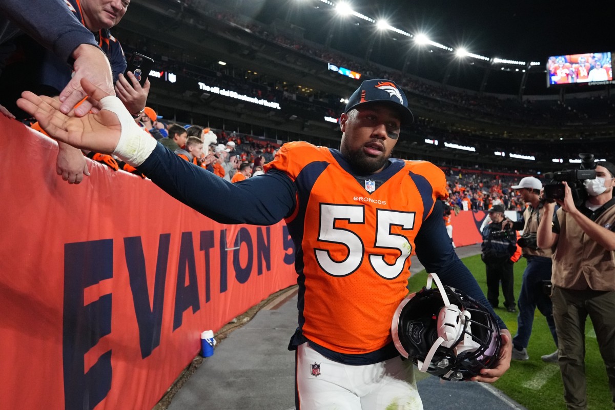 Denver Broncos outside linebacker Bradley Chubb (55) celebrates defeating the Los Angeles Chargers at Empower Field at Mile High.