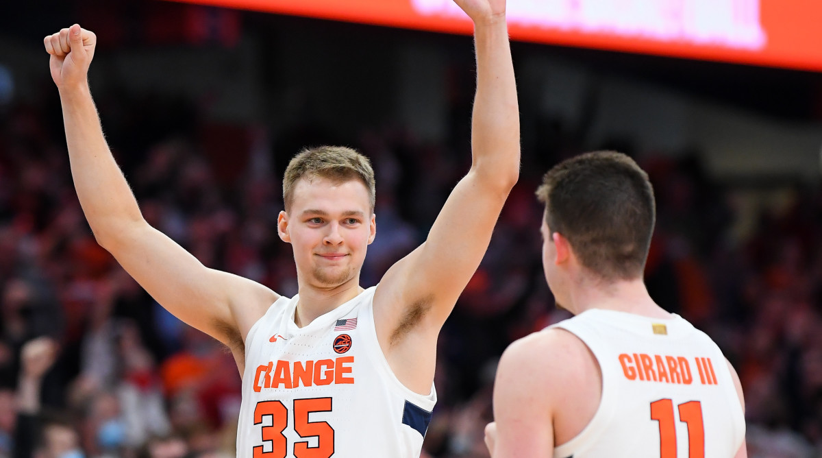 Syracuse Orange guard Buddy Boeheim (35) celebrates with teammate guard Joseph Girard III (11) following the game against the Indiana Hoosiers at the Carrier Dome.