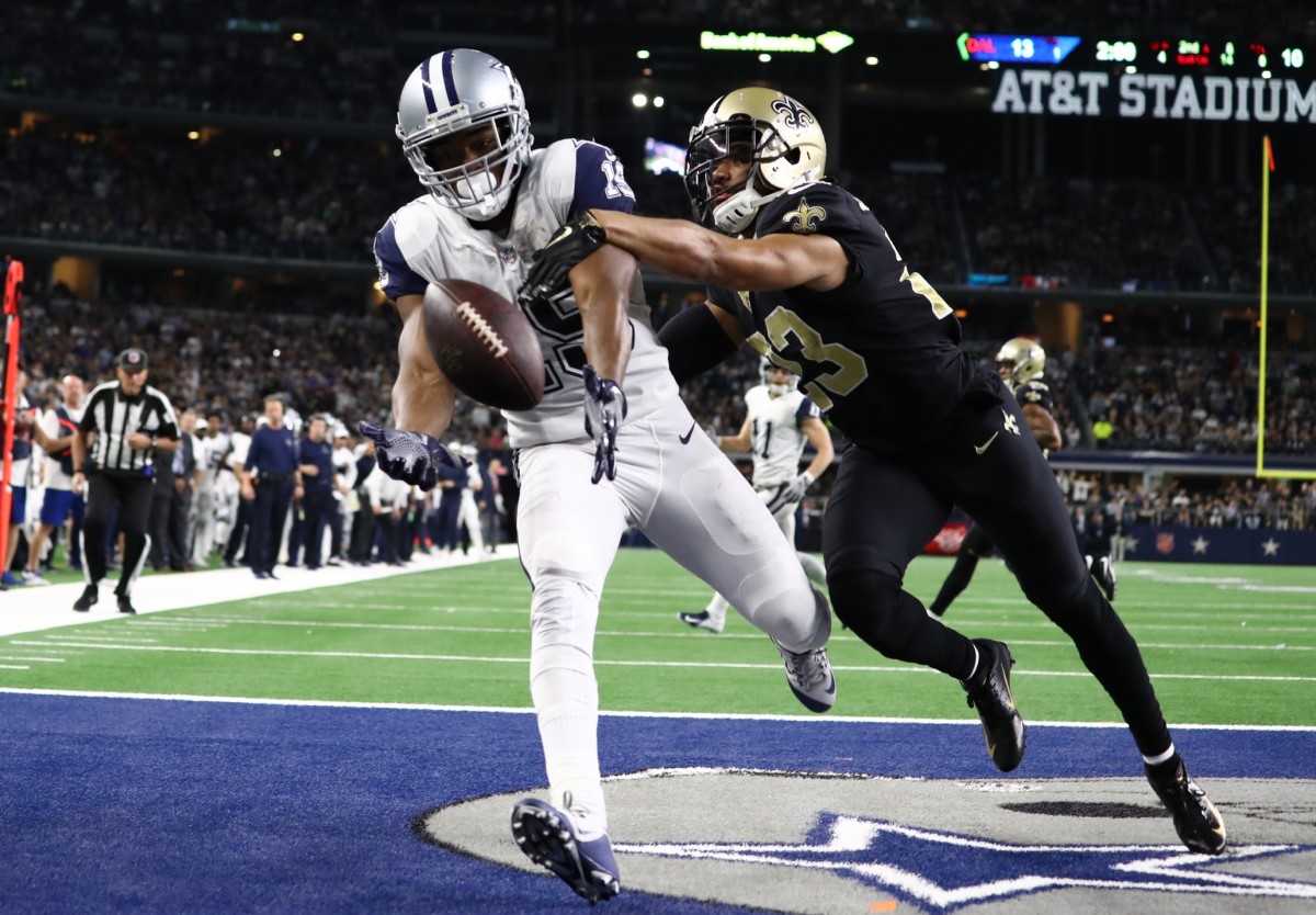 Dallas receiver Amari Cooper (19) can not make a catch in the end zone against New Orleans Saints cornerback Marshon Lattimore (23). Mandatory Credit: Matthew Emmons-USA TODAY Sports