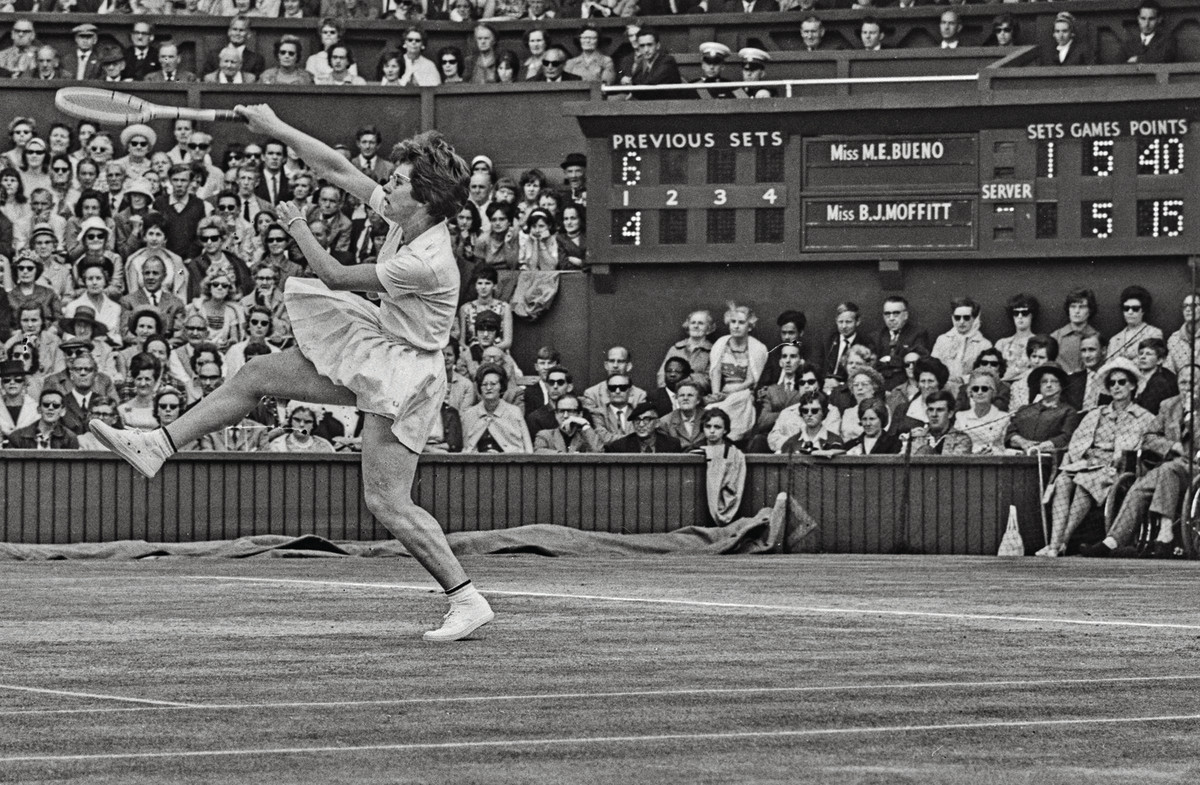 Billie Jean King plays at Wimbledon.
