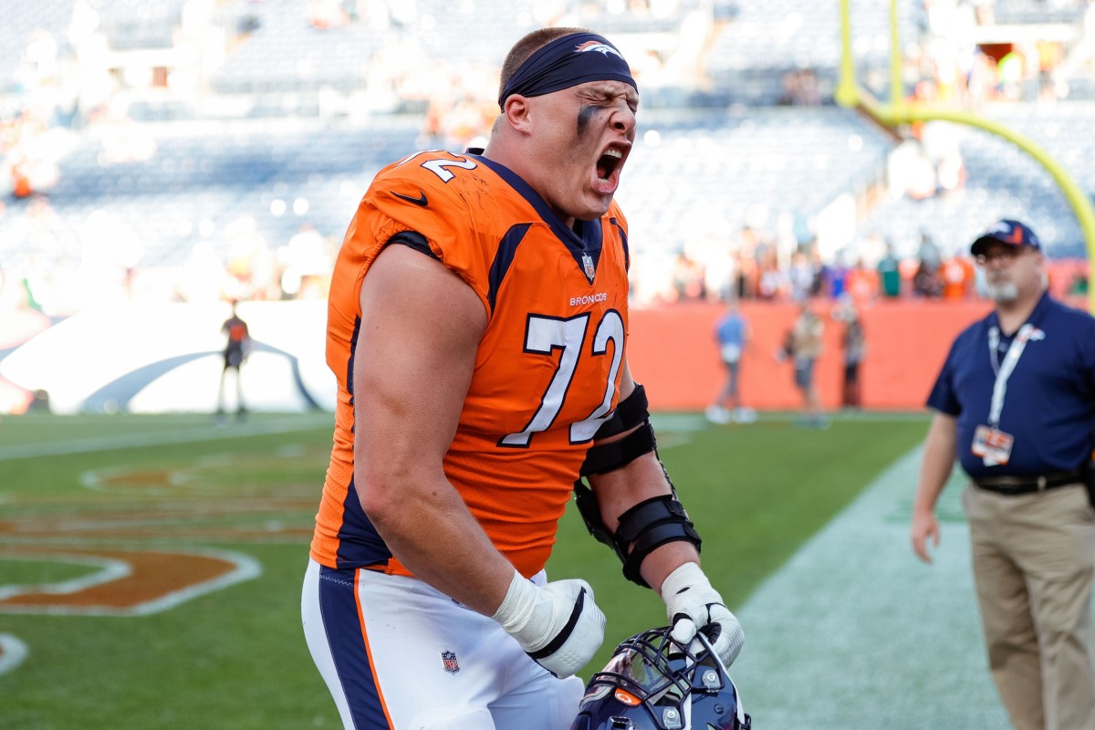 Denver Broncos offensive tackle Garett Bolles (72) reacts after the game against the New York Jets at Empower Field at Mile High.