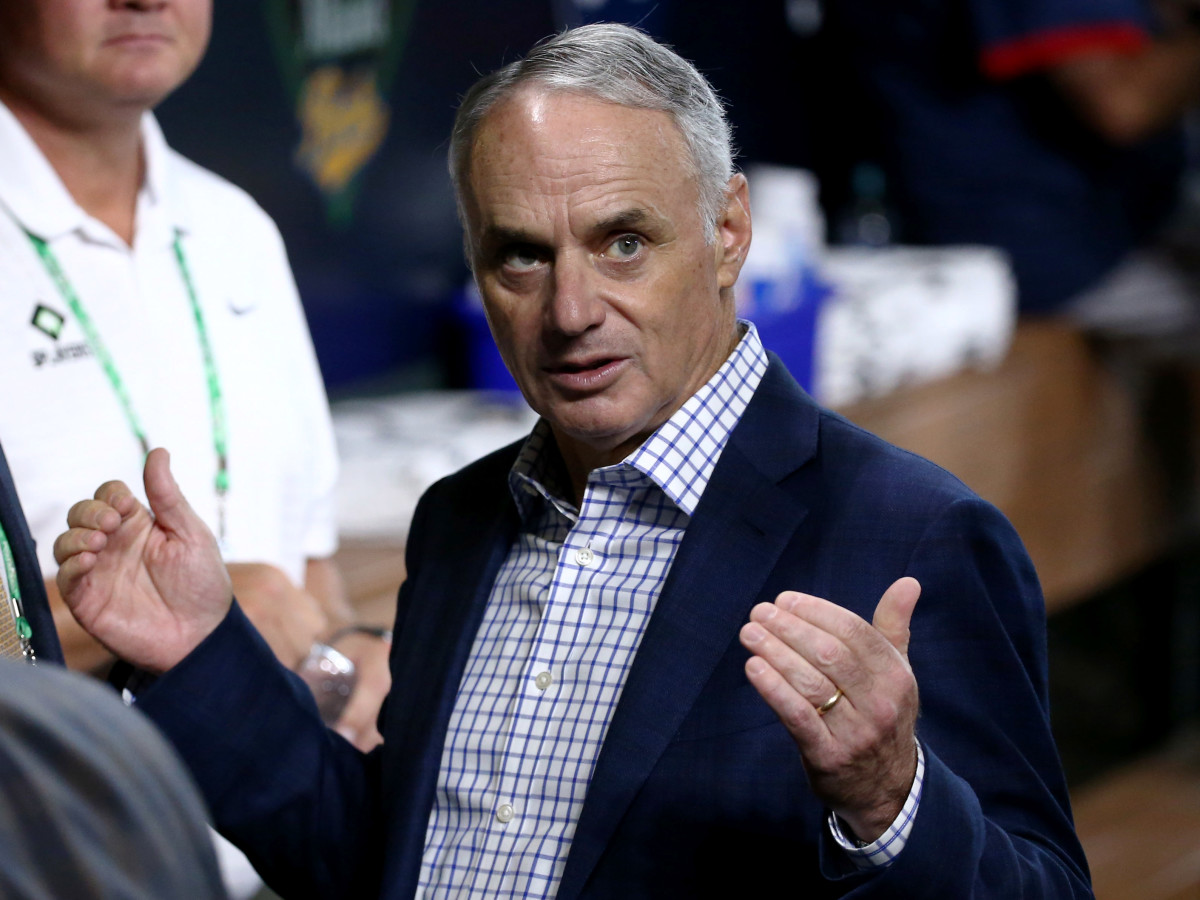 Oct 26, 2021; Houston, TX, USA; MLB commissioner Rob Manfred before game one of the 2021 World Series between the Houston Astros and Atlanta Braves at Minute Maid Park.