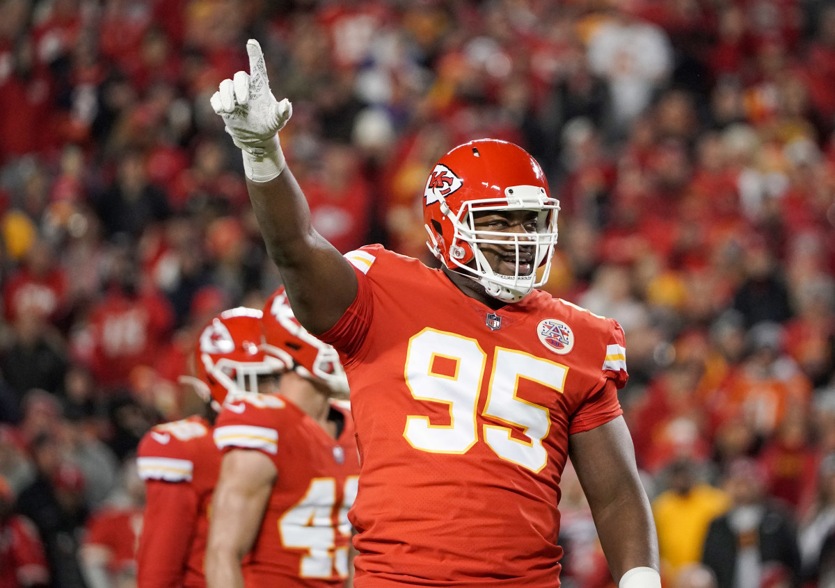 Dec 5, 2021; Kansas City, Missouri, USA; Kansas City Chiefs defensive end Chris Jones (95) celebrates after a play against the Denver Broncos during the first half at GEHA Field at Arrowhead Stadium. Mandatory Credit: Denny Medley-USA TODAY Sports