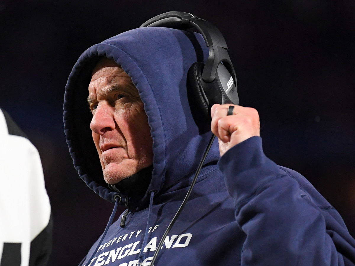 New England Patriots head coach Bill Belichick reacts to a call against the Buffalo Bills during the second half at Highmark Stadium.