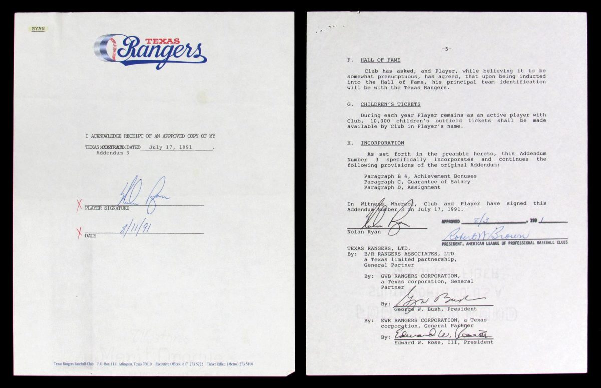Nolan Ryan's final Major League contract with the Texas Rangers.