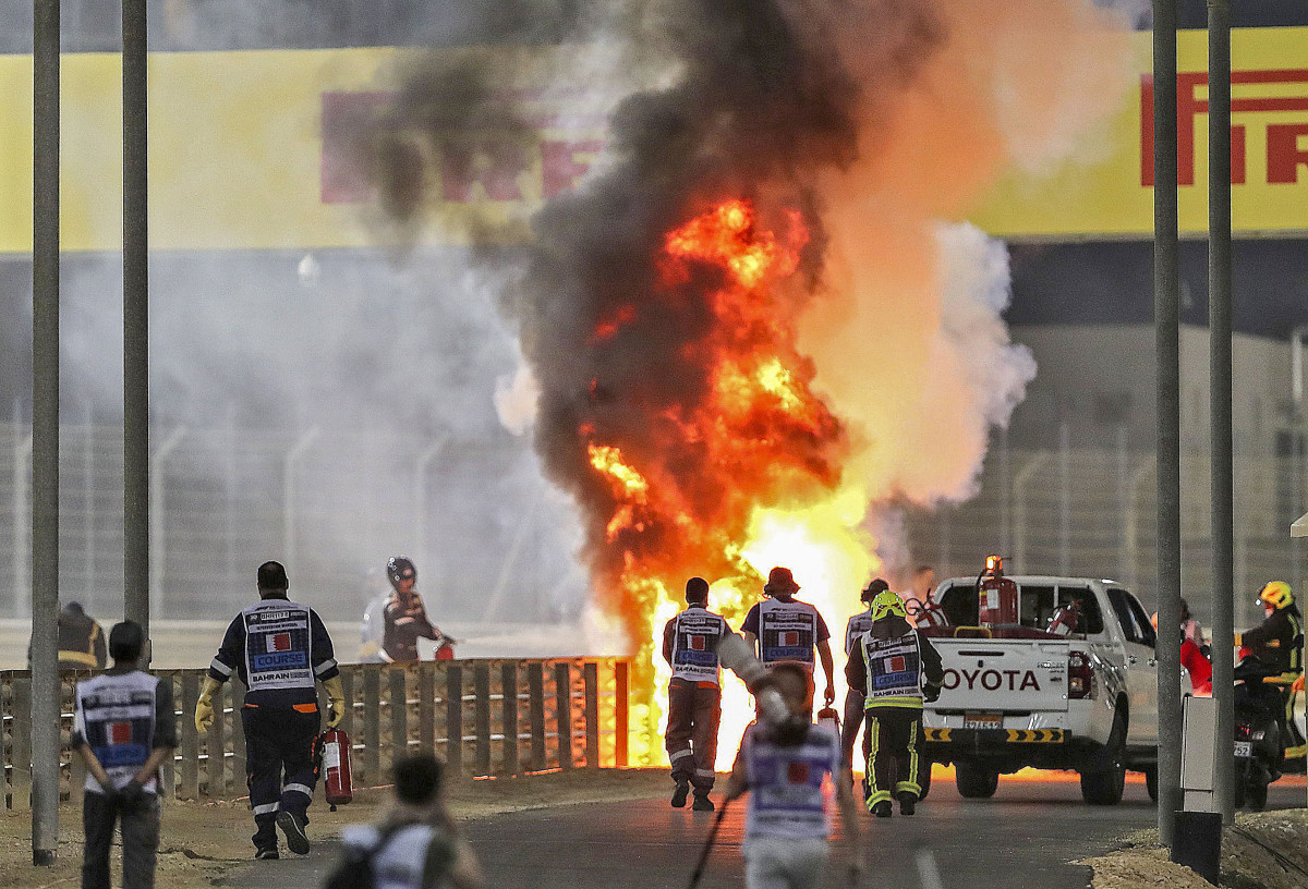 The scene after Grosjean hit the barrier in Bahrain.