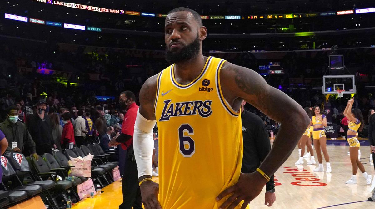 Dec 7, 2021; Los Angeles, California, USA; Los Angeles Lakers forward LeBron James (6) reacts after the game against the Boston Celtics at Staples Center.The Lakers defeated the Celtics 117-102.
