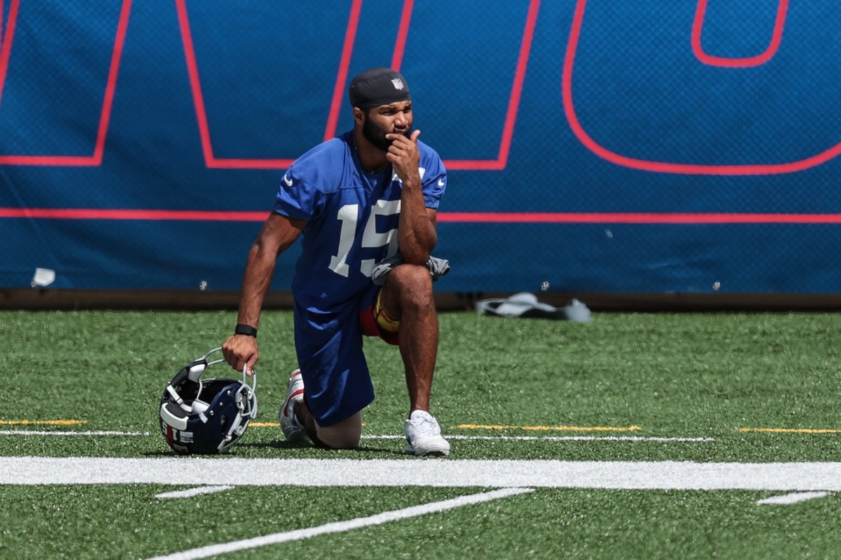 New York Giants wide receiver Golden Tate (15) looks on during the Blue-White Scrimmage at MetLife Stadium.