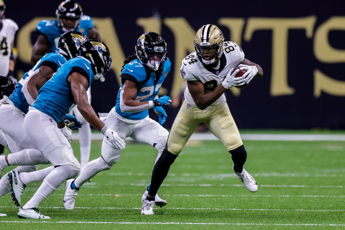 New Orleans Saints wide receiver Lil'Jordan Humphrey (84) beats Jacksonville coverage. Mandatory Credit: Stephen Lew-USA TODAY Sports