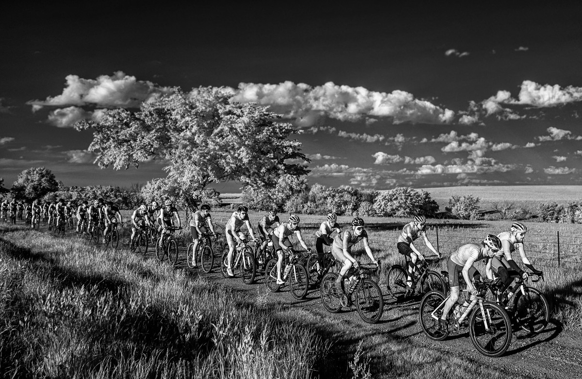 Cyclists compete at the Unbound Gravel 200 in Kansas.