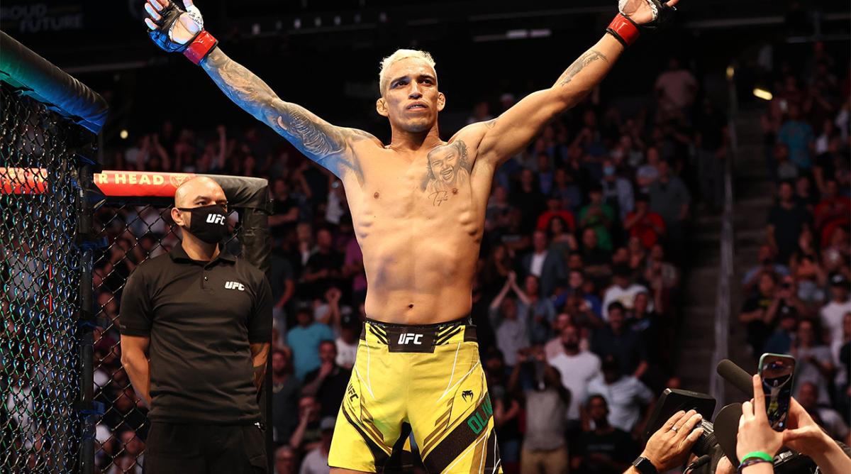 May 15, 2021; Houston, Texas, USA; Charles Oliveira reacts for his fight against Michael Chandler during UFC 262 at Toyota Center.