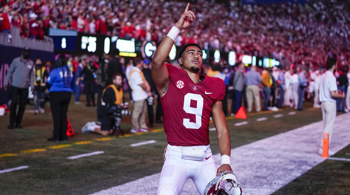 Alabama Crimson Tide quarterback Bryce Young gestures before Georgia-Alabama game at Mercedes-Benz Stadium.