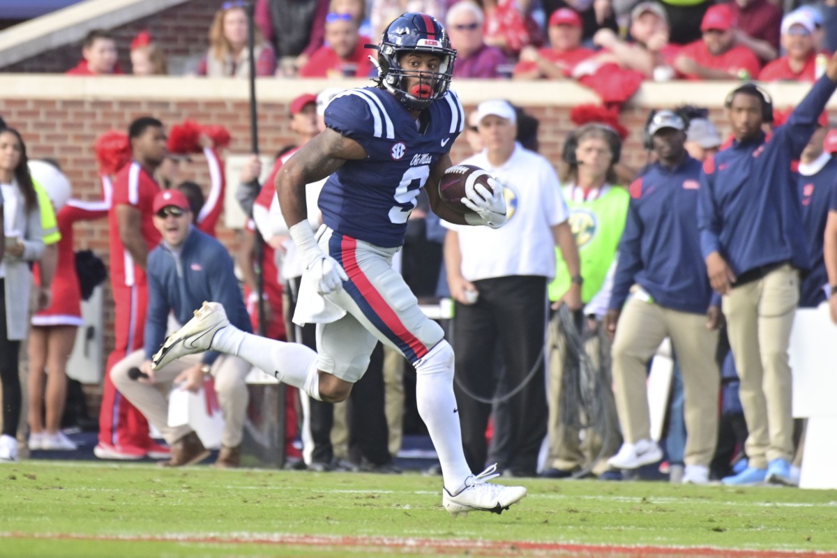 Nov 6, 2021; Oxford, Mississippi, USA; Mississippi Rebels running back Jerrion Ealy (9) runs the ball against the Liberty Flames during a play that would result in a touchdown in the first quarter at Vaught-Hemingway Stadium.