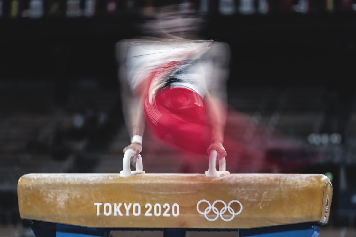 Action from the men's team all-around gymnastics final at the 2020 Tokyo Games.